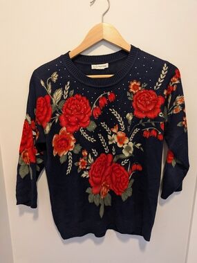 Navy Crewneck Sweater with Red Floral Design
